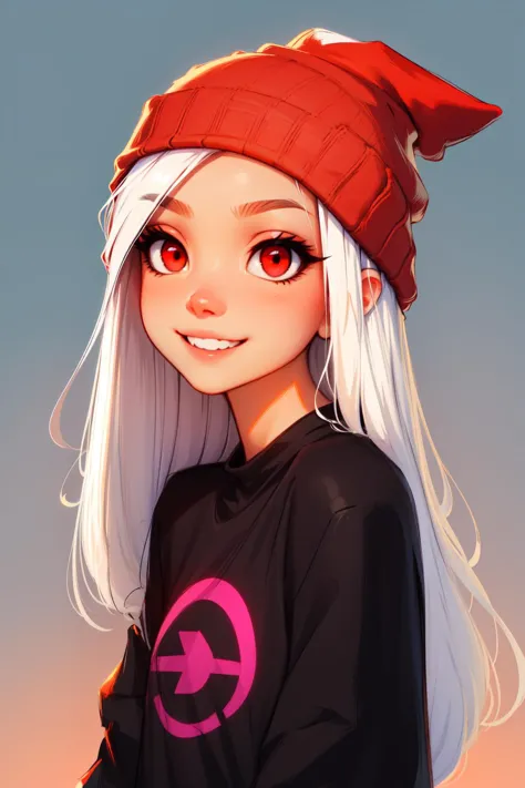 a girl with white hair and a red hat is smiling