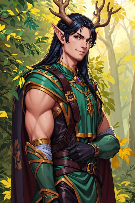 masterpiece, best quality, highres, extremely detailed, (cg illustration),
((1boy as manly elf with pointy ears and deer antlers and long black hair)) and
detailed face and glossy detailed brown eyes,
forest, summer leaves,
(painterly, depth of field), fine details, authentic, cowboy shot, medium shot,
(solo, male focus, solo focus), face focus,
(he wears green cape and leather tabard and leather bracer and leather pants),
(looking at viewer),determined, confident, light smile,
upright,
(sharp, cel shading), outline, dynamic lighting, toon \(style\), fantasy, baroque, traditional media,
