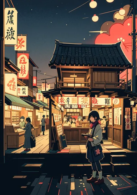 Xilografía, NuevoTokioWoodblock, calle de la ciudad en Japón, Tema oscuro, Noche, Luces de neón