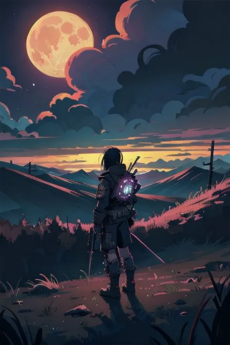 a person standing on a hill with a sword and a full moon in the background