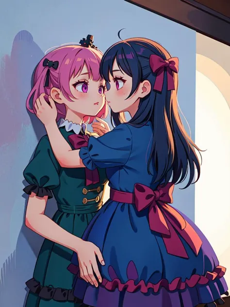 (masterpiece, best quality, detailed:1.5), kabedon against wall, 2girls, GothGal, wearing a GothGal outfi, dress, ribbon, frills, indoor, romantic lighting, (imminent kiss:0.9), 