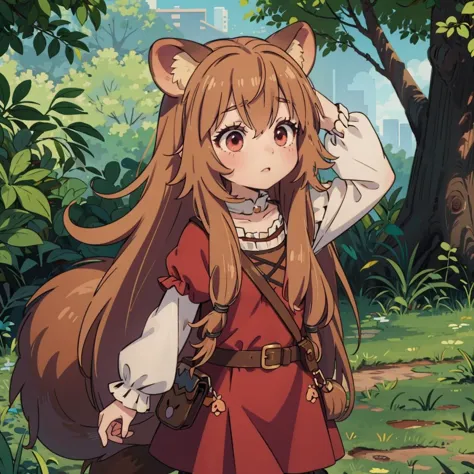 anime girl with long brown hair and a backpack in a forest