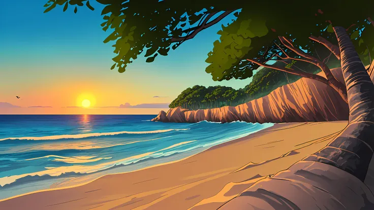 painting of a beach with a palm tree and a sunset