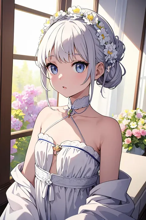 anime girl with white hair and blue eyes sitting in front of a window