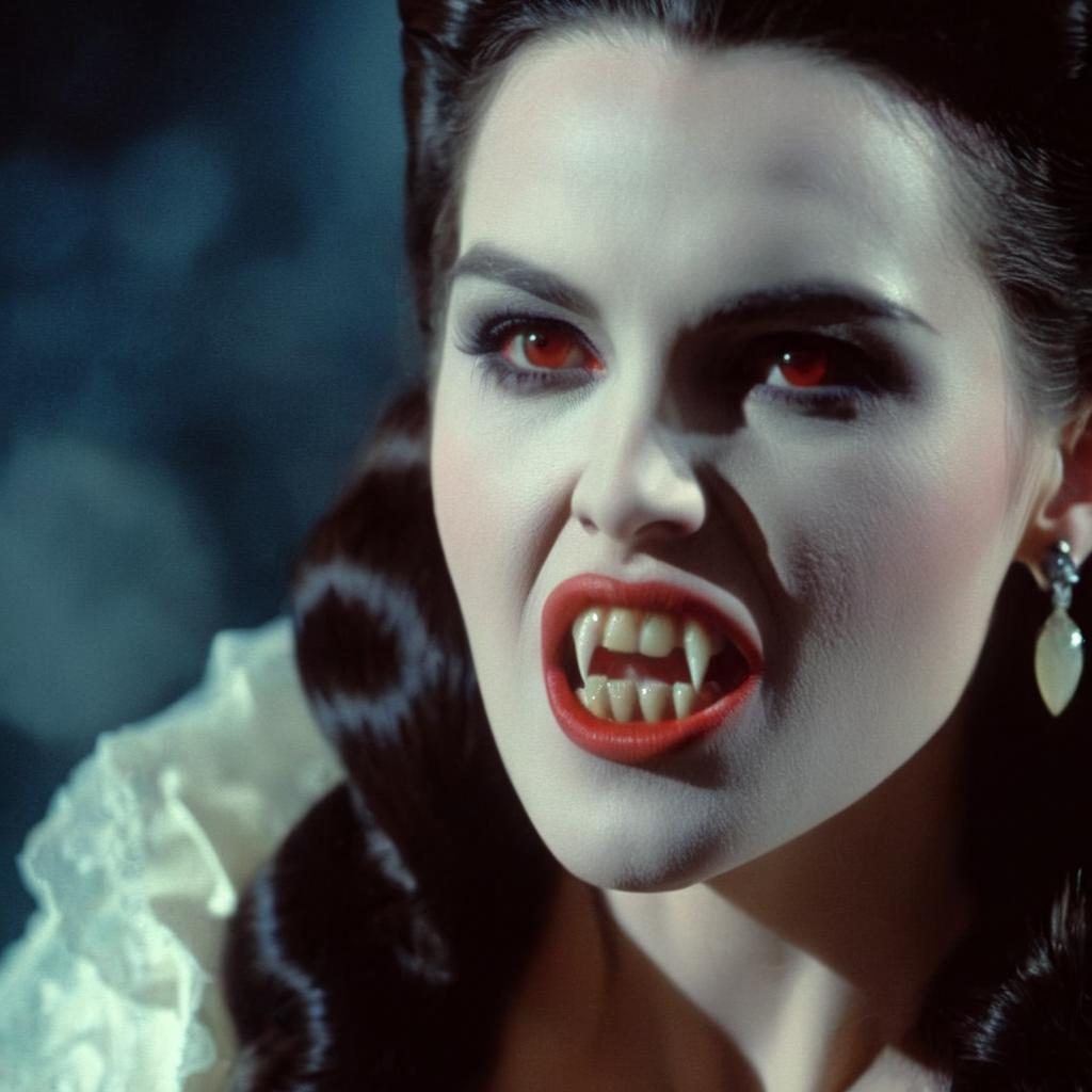 A close up of a woman with a vampire makeup and fangs - SeaArt AI