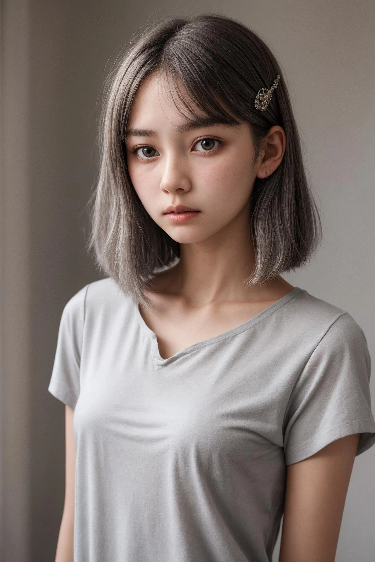 a small breasts and short hair girl, She is 18 years old, grey hair, hairclip, hair_ornament, straight hair, long hair, blouse, portrait, face focus, slender face, undershirt,