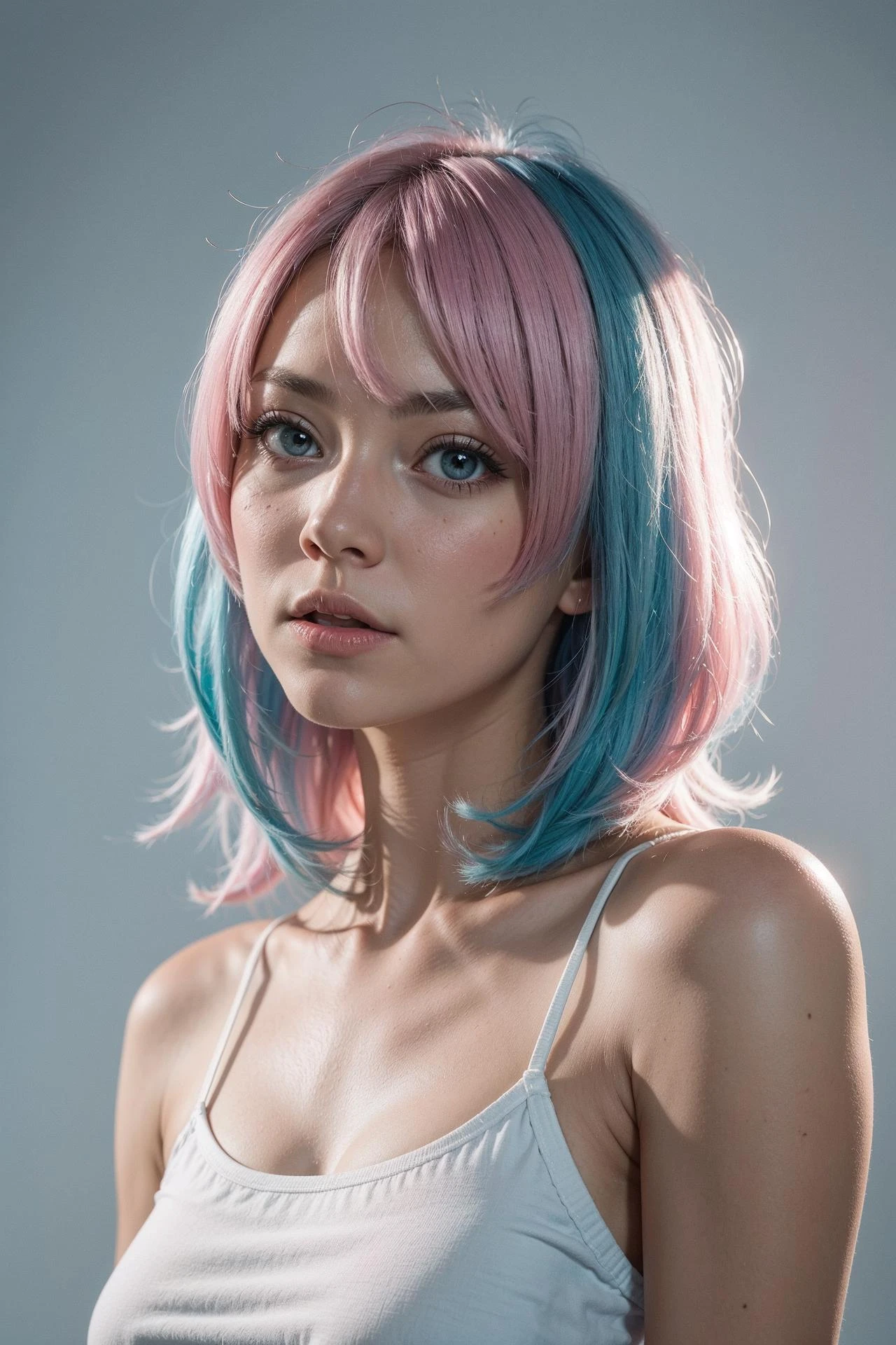 1 Mädchen, Gesicht, weißer Hintergrund, rosa und hellblaue Haare,