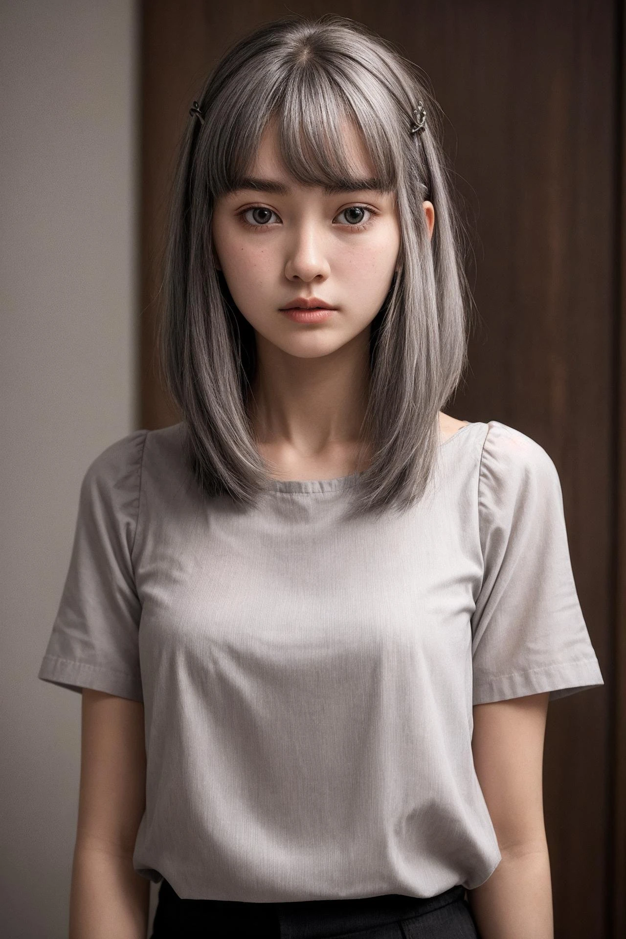 a small breasts and short Cabelo girl, Ela tem 18 anos, grey Cabelo, Cabeloclip, Cabelo_ornament, straight Cabelo, long Cabelo, blusa, retrato, foco facial, rosto esguio, 