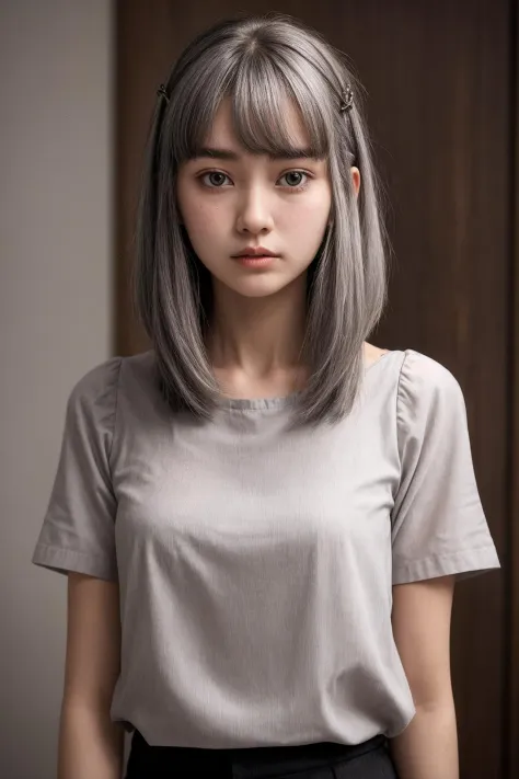 a small breasts and short hair girl, She is 18 years old, grey hair, hairclip, hair_ornament, straight hair, long hair, blouse, portrait, face focus, slender face, 