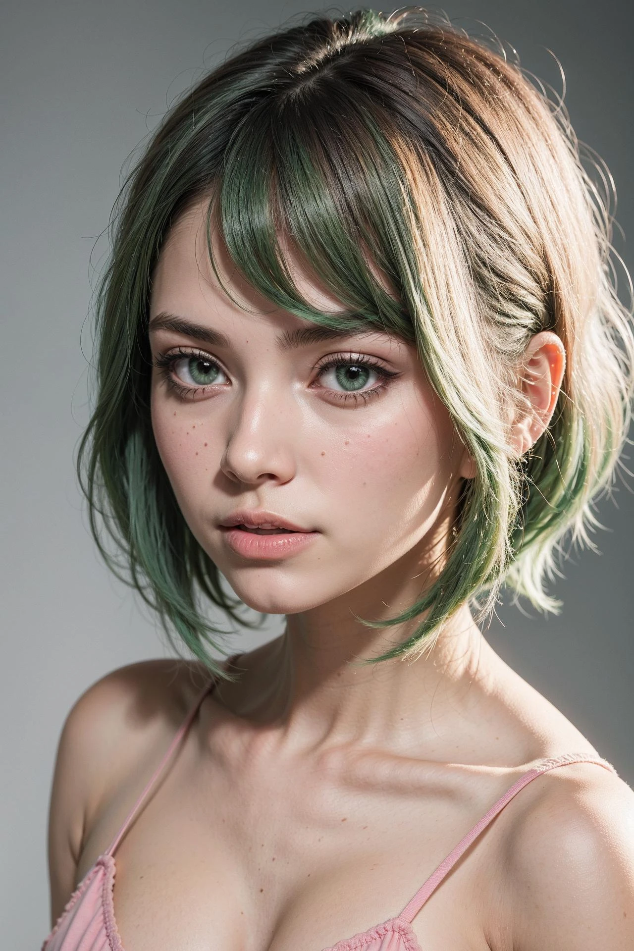 1 garota, face, fundo branco, cabelo rosa e verde claro, cabelo curto e liso, camisolas verdes, pureerosface_v1:0.6,