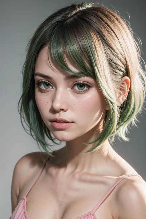 여자 1명, 얼굴, 흰 바탕, 분홍색과 연한 녹색 머리카락, 짧고 곧은 머리, 녹색 캐미솔, pureeros얼굴_v1:0.6,