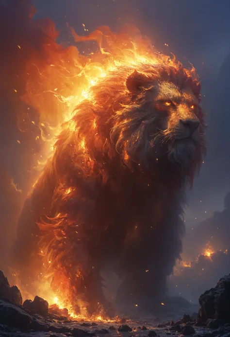 a lion is running through a fire filled field