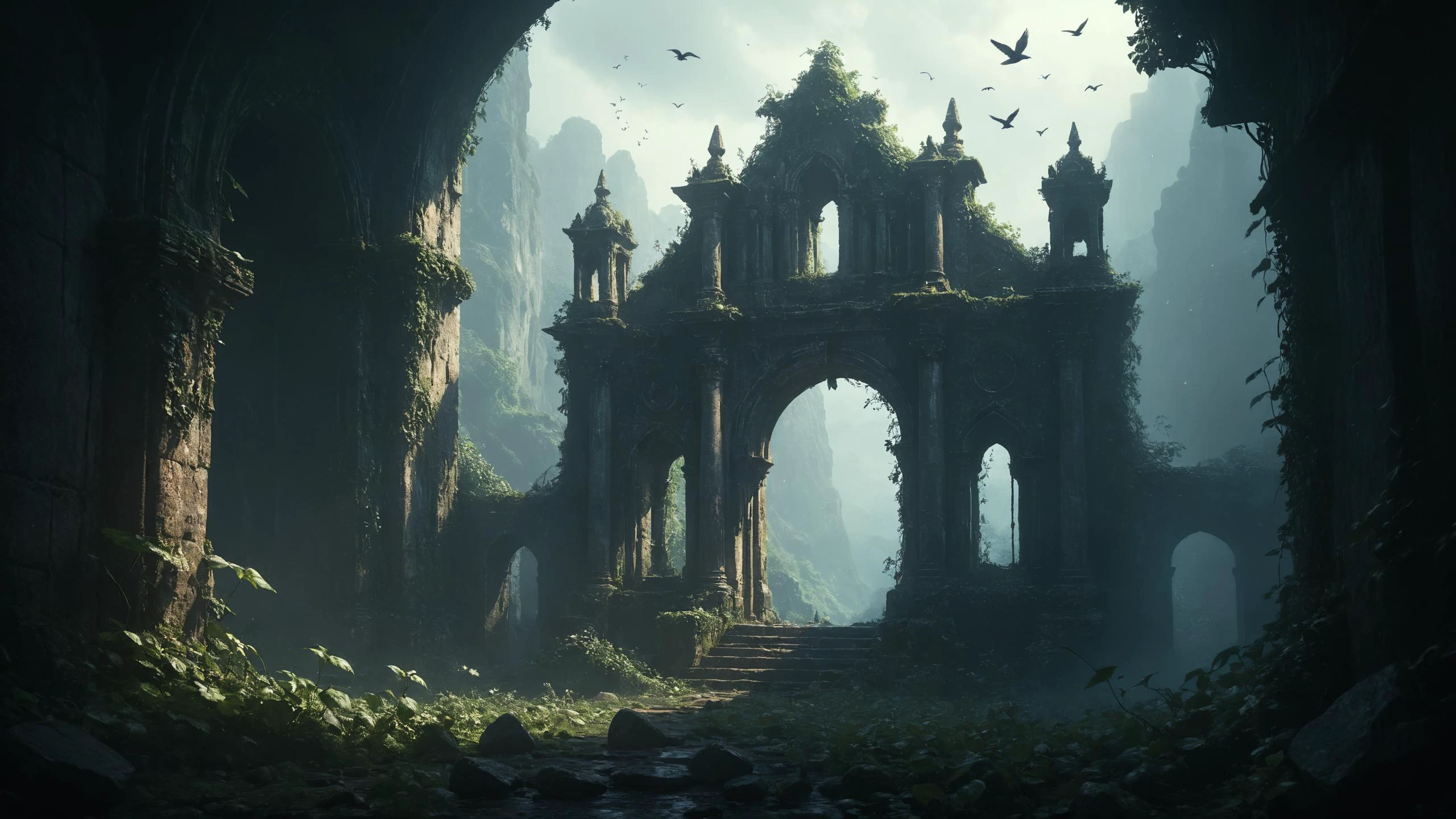A mystical ruin hidden within a misty valley, its ancient stones covered in ivy, surrounded by the enchanting melody of unseen birds,, iridescence, PENeonUV, magical realism, fantasy magic, dark hazy atmosphere, houdini sidefx, trending on Artstation, 8K, detailed, mecha, fluid simulation  