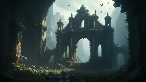 A mystical ruin hidden within a misty valley, its ancient stones covered in ivy, surrounded by the enchanting melody of unseen b...