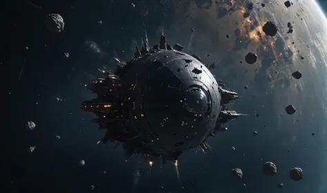 vista de cima, nave espacial circular feita de obsidiana negra lançando bombas em um planeta, explosões na superfície do planeta,  8K, detalhado, realista, cinematic, ficção científica, (Alta resolução, photorealista, afiado:1.4) 