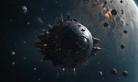 vue d&#39;en-haut, vaisseau spatial circulaire en obsidienne noire larguant des bombes sur une planète, explosions à la surface de la planète,  8k, détaillé, Réaliste, Cinématique, la science-fiction, (haute résolution, photoRéaliste, POINTU:1.4) 