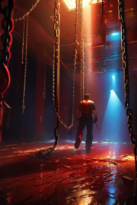(volumetric lighting, Highres), 1man, 80shorror, background, blood on the walls and floor, chains hang from the ceiling, corrido...