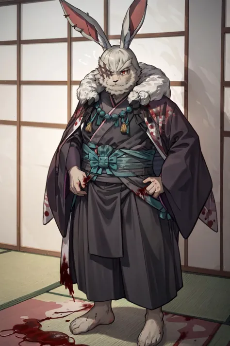 Vysache, furry, 1boy, rabbit boy, rabbit ears, animal nose, one-eyed, red eyes, white fur, fat, black kimono, pink coat, fur trim, serious, standing, barefoot, dark, japanese architecture, blood on ground, blood on clothes, evil aura, red aura, black lightning, indoors <lora:Vysach-10:1>