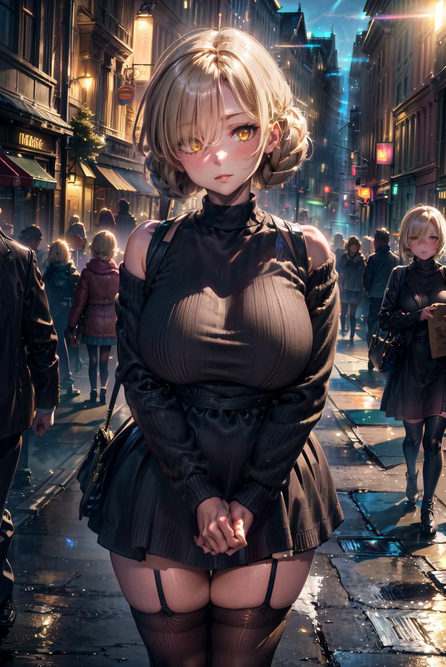 detailed illustration, close up, of a mature woman, pretty face, plump lips, sheffield, yellow eyes, short hair, blonde hair, bangs, hair over one eye, braid, black sweater, sweater dress, off shoulder, bare shoulders, collarbone, white thighhighs, standing, huge breasts, thick thighs, outside, busy street full of people, cinematic lighting, hires, volumetric lighting, highly detailed background, lights and shadows, backlit, masterpiece, 