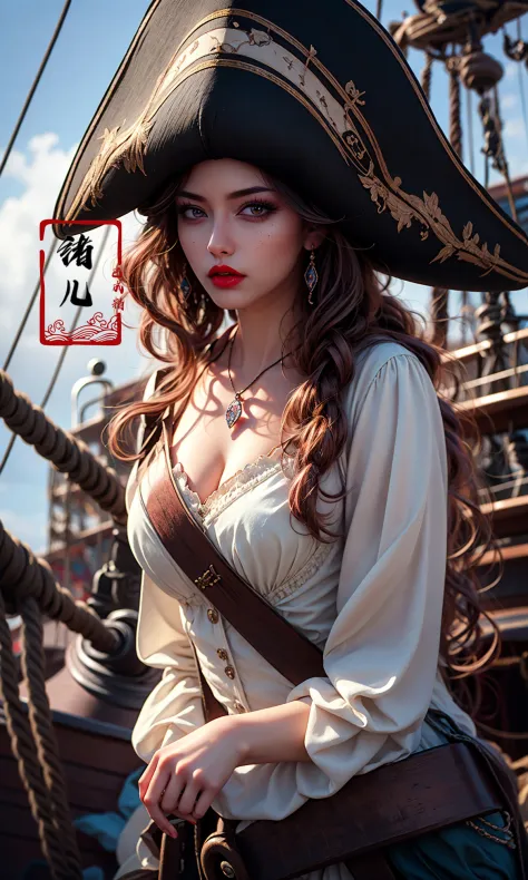 super vista, super wide AngleLow Angle shooting, super wide lens, Epic CG masterpiece, Girl dressed in pirate costume standing ...
