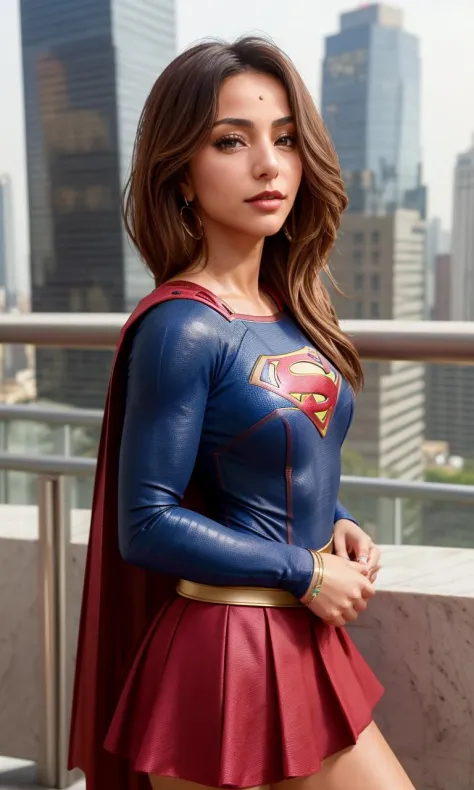 sabsato2023, 1 girl, uhd, 8k, best quality, masterpiece, skin pores, detailed skin, Supergirl, above city, Sao Paulo, red skirt,
