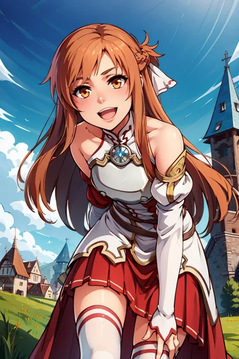 ((masterpiece,best quality)), aaasuna, long hair, brown hair, braid, brown eyes, bare shoulders, armor, breastplate, white sleev...