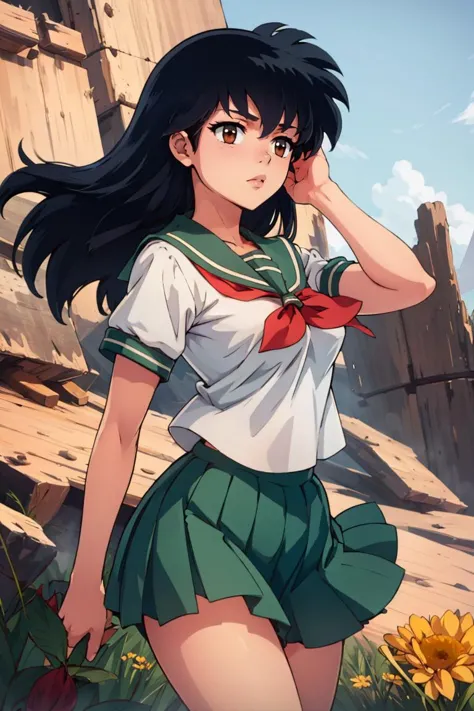 ((masterpiece,best quality)), higurashi kagome, black hair, brown eyes, long hair, medium breasts, serafuku, sailor collar, green pleated skirt, cowboy shot