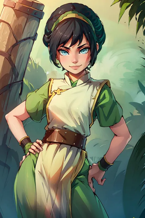 ((masterpiece,best quality)), <lora:toph_beifong_v1:0.75>, 1girl, solo, black hair, hairband, belt, short hair, dress, blue eyes...