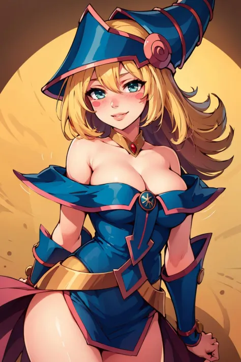 ((masterpiece,best quality)),  absurdres, <lora:dark_magician_girl_v1:0.7>, hmdmg1, wizard hat, blush, blush stickers, cleavage, bare shoulders, dress, off shoulder, solo, smiling, looking at viewer, cowboy shot,