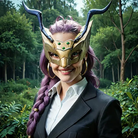 score_9, score_8_up, score_7_up, score_6_up, score_5_up, score_4_up, rating_safe,photorealistic,cinematic,detailed,film grain,professional photography,1girl,solo,queenbeemon,mask,antenna,purple hair,braided ponytail, hair ornament, cropped,portrait,smile,outdoors,forest,trees, <lora:QueenBeemonPony:0.85>, zPDXL2,   zPDXLrl