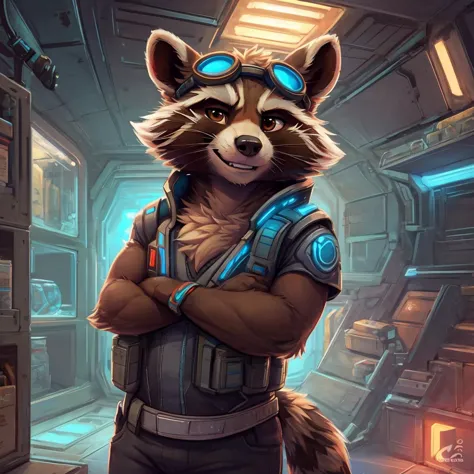 rocket raccoon in a space station with a helmet and goggles