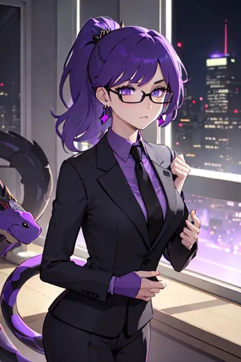 (masterpiece, best quality, perfect face, perfect eyes, detailed face, snake eyes:1.3), woman, snake lady, purple hair, neat hair, ponytail, purple gray eyes, (business suit, black suit, light purple shirt:1.2), purple tie, menacing, glasses, black gloves, (single earring, tassel earring, single tassel, purple tassel:1.2), office, windows, nightscape, night, city lights, skyscrapers, tilted head,