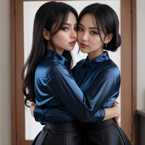 two women in blue shirts and black leather skirts hugging each other