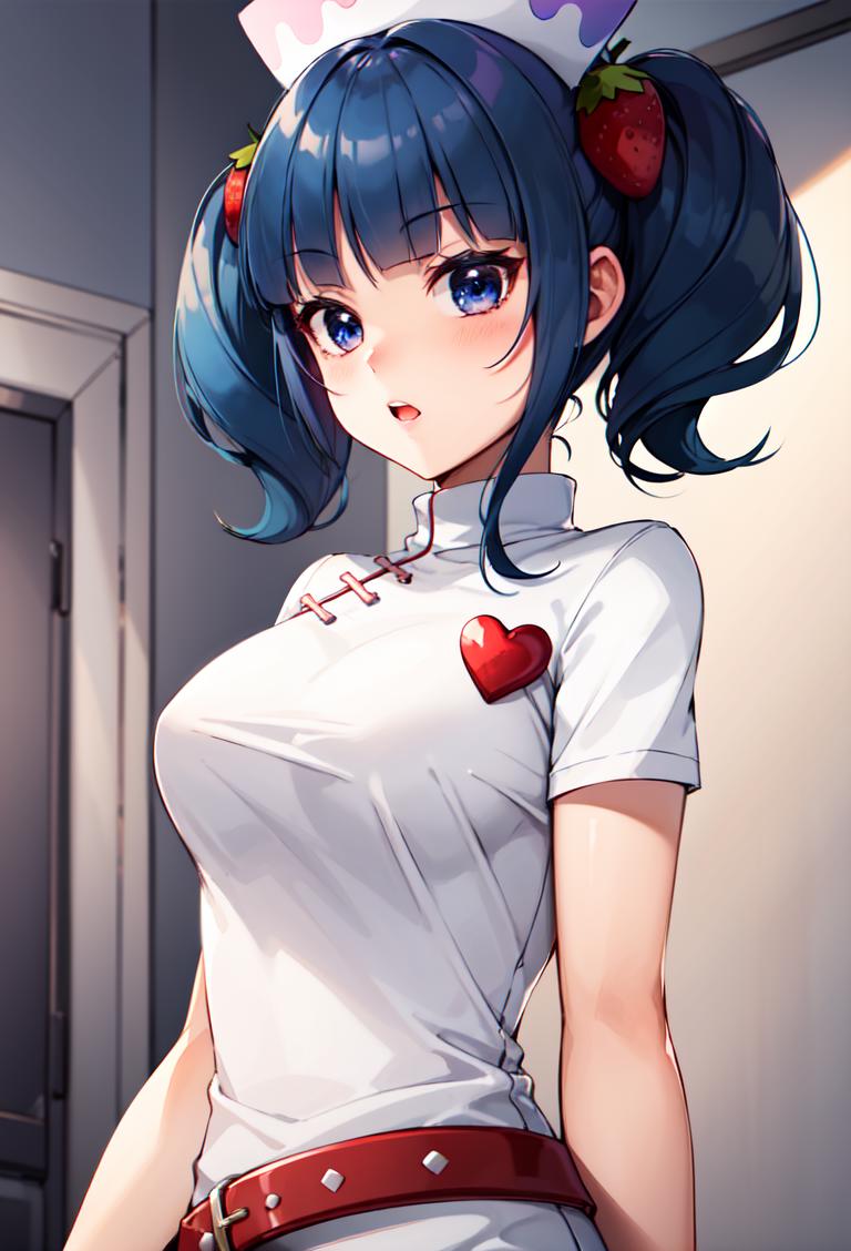 Anime girl with blue hair and a white shirt and a red belt - SeaArt AI