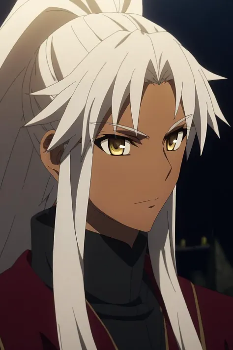 a woman with long white hair and yellow eyes looks at the camera