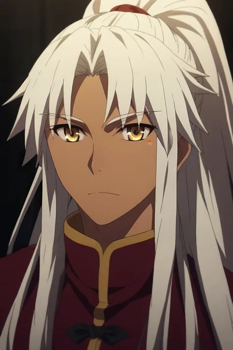 a close up of a person with long white hair and yellow eyes