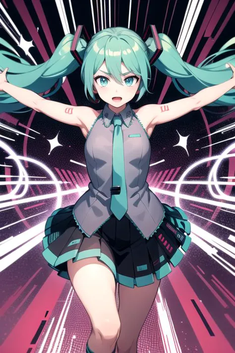 intricate details, hatsune miku, running forward, outstretched arms, detailed psychedelic background, abstract shapes, spirals, ...