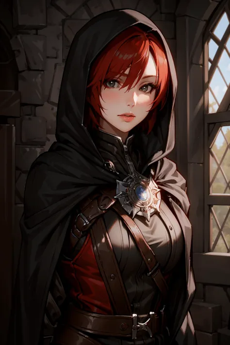 (masterpiece, best quality),
1girl, solo, looking at viewer,
<lora:LelianaDA:0.68> short red hair, knight armor, black hood, b...