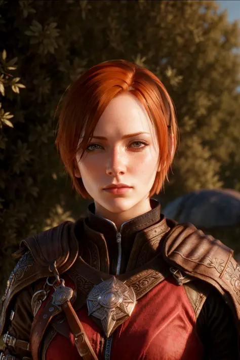 <lora:LelianaDA:0.67>, masterpiece, highest quality, RAW, analog style, A stunning portrait of a beautiful woman,  short red hair, wearing  ranger armor, bright sunlight, bright lighting, ((highly detailed skin, skin details)), sharp focus, 8k UHD, DSLR, high quality, film grain, Fujifilm XT3, frowning, intricately detailed, highly detailed, cluttered and detailed background