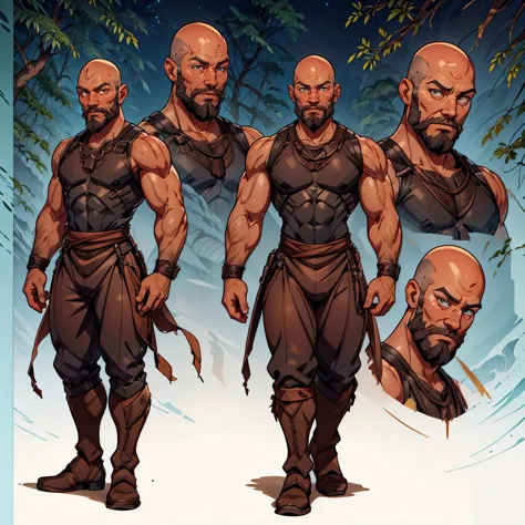 <lora:Galik:0.9> Concept art, Galik, Bald,  Short brown beard, Muscular,  (CharacterSheet:1) <lora:CharacterDesign_Concept-10:0.8>  (multiple views, full body, upper body, reference sheet:1)