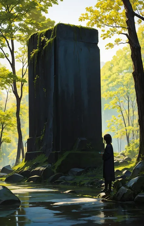 a painting of a person standing in a forest next to a river