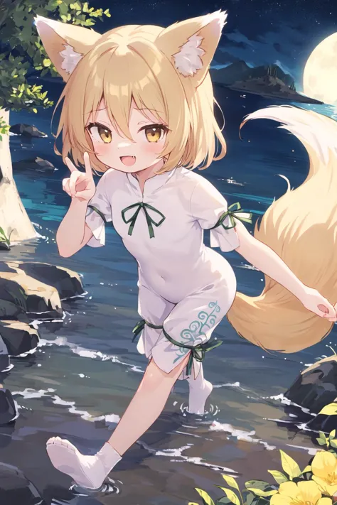 anime girl running in the water with a cat tail