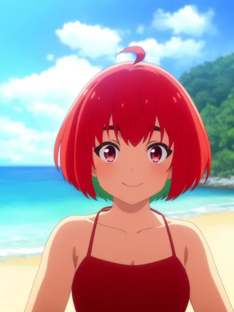 a woman in a red swimsuit standing on a beach