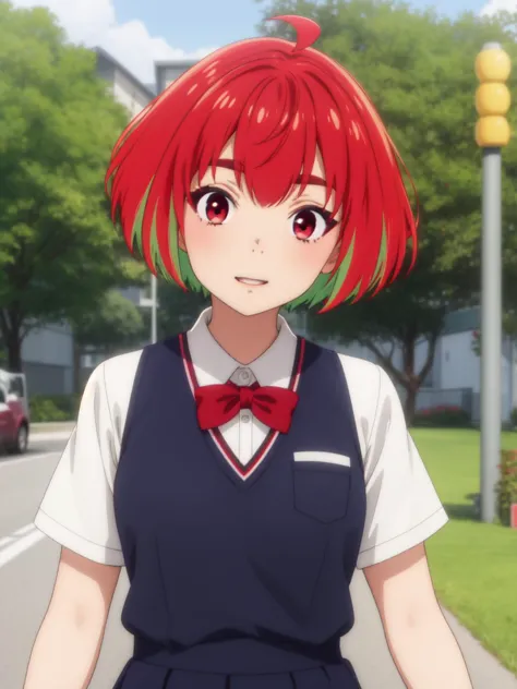 anime girl with red hair and bow tie standing in the street