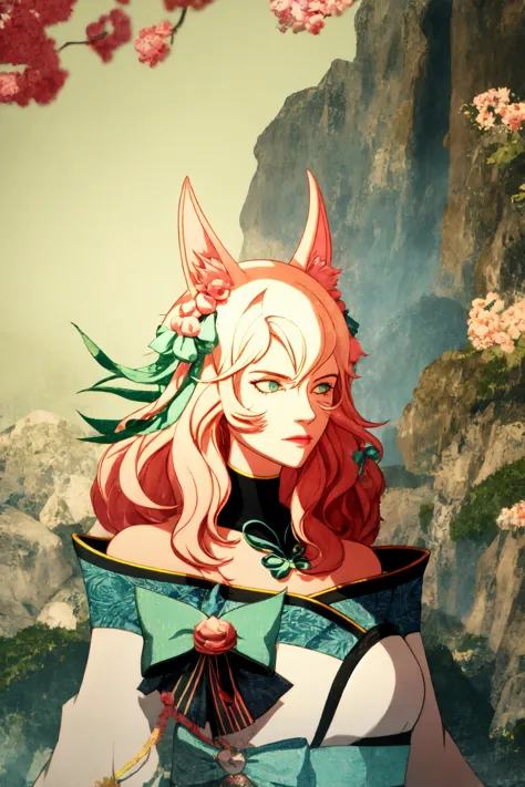 a close up of a woman with long red hair and a cat ears