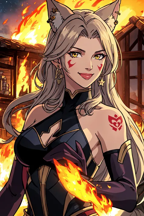 a woman in a cat suit with fire on her chest