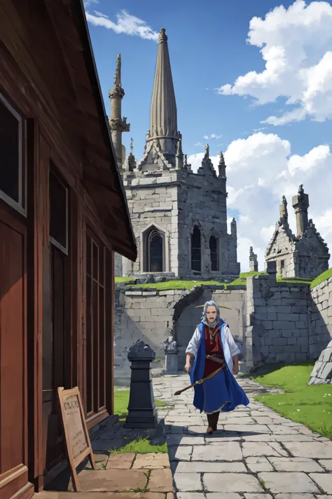 there is a woman walking down a path in front of a castle