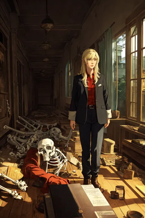 blond woman in a suit and skeleton in a room