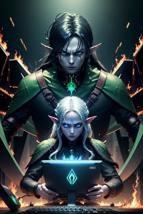 a couple of elves are standing in front of a laptop