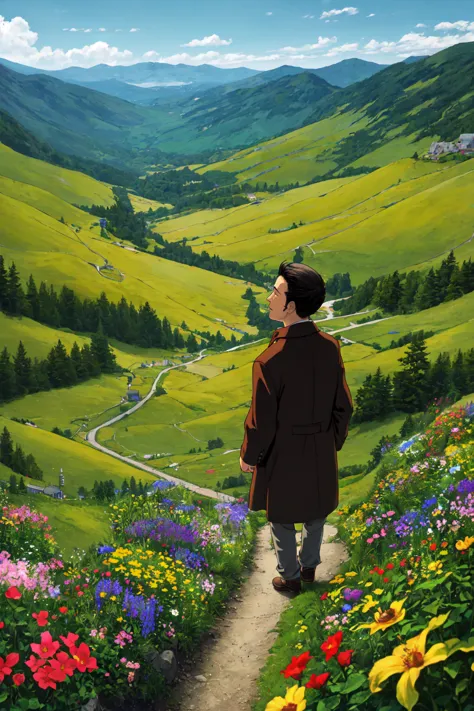 a painting of a man standing on a path in a field of flowers